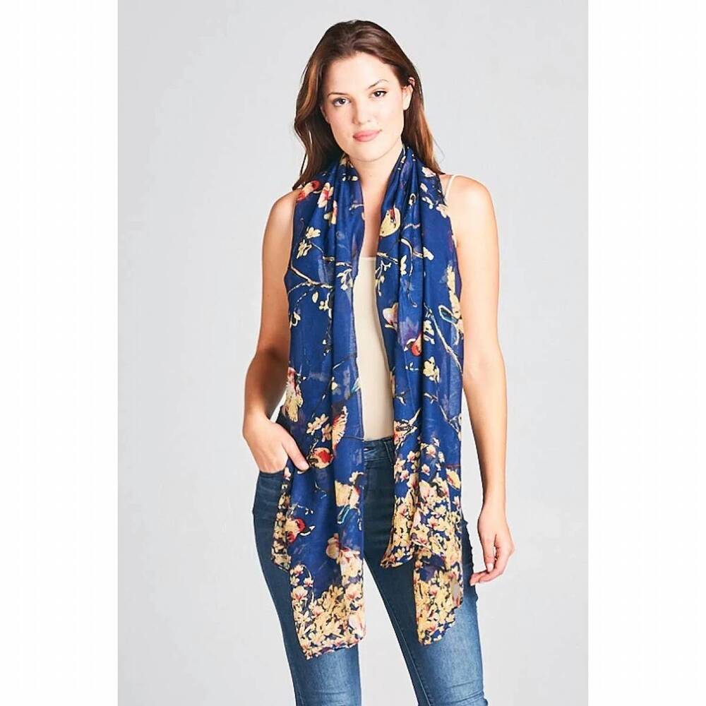 NEW LA SOUL women's birds and cherry blossom printed lightweight scarf wrap in n